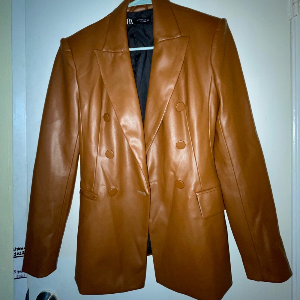 Faux brown leather blazer